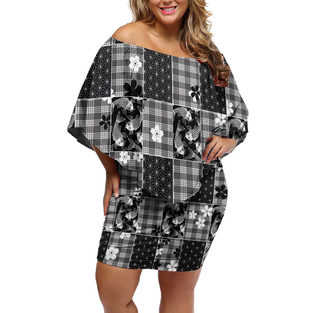 Black Palaka Japanese Patterns Family Matching Off Shoulder Short Dress and Hawaiian Shirt Koi Fish Asanoha Sakura Patchwork Stylized - Polynesian Pride