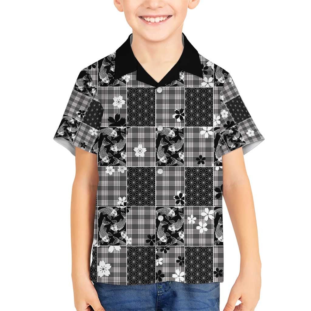 Black Palaka Japanese Patterns Family Matching Off Shoulder Short Dress and Hawaiian Shirt Koi Fish Asanoha Sakura Patchwork Stylized - Polynesian Pride