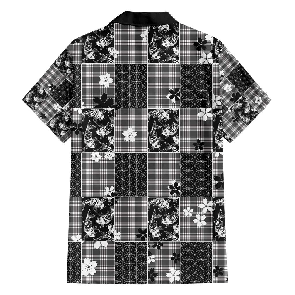Black Palaka Japanese Patterns Family Matching Short Sleeve Bodycon Dress and Hawaiian Shirt Koi Fish Asanoha Sakura Patchwork Stylized - Polynesian Pride