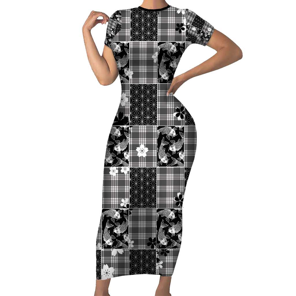 Black Palaka Japanese Patterns Family Matching Short Sleeve Bodycon Dress and Hawaiian Shirt Koi Fish Asanoha Sakura Patchwork Stylized - Polynesian Pride