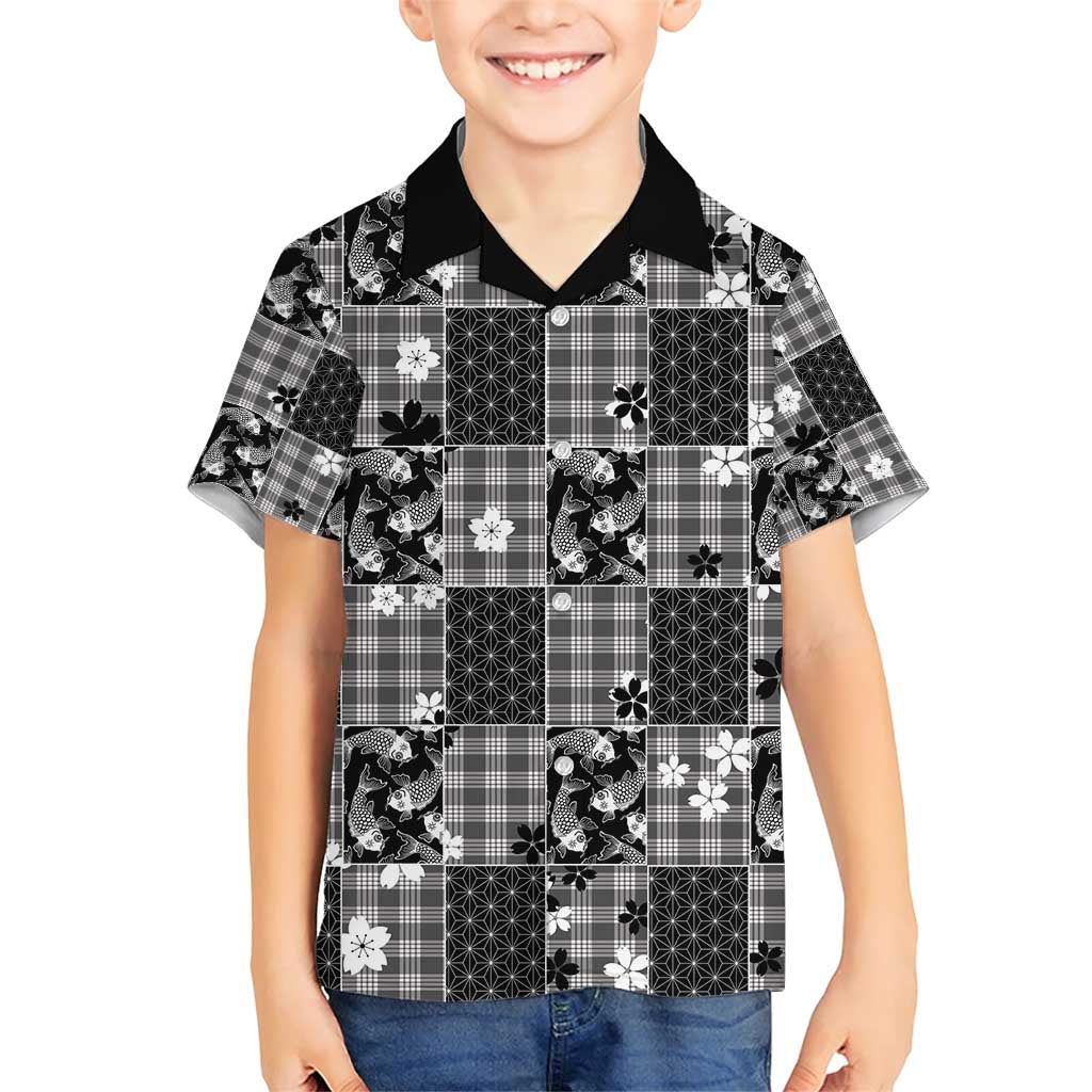 Black Palaka Japanese Patterns Family Matching Short Sleeve Bodycon Dress and Hawaiian Shirt Koi Fish Asanoha Sakura Patchwork Stylized - Polynesian Pride