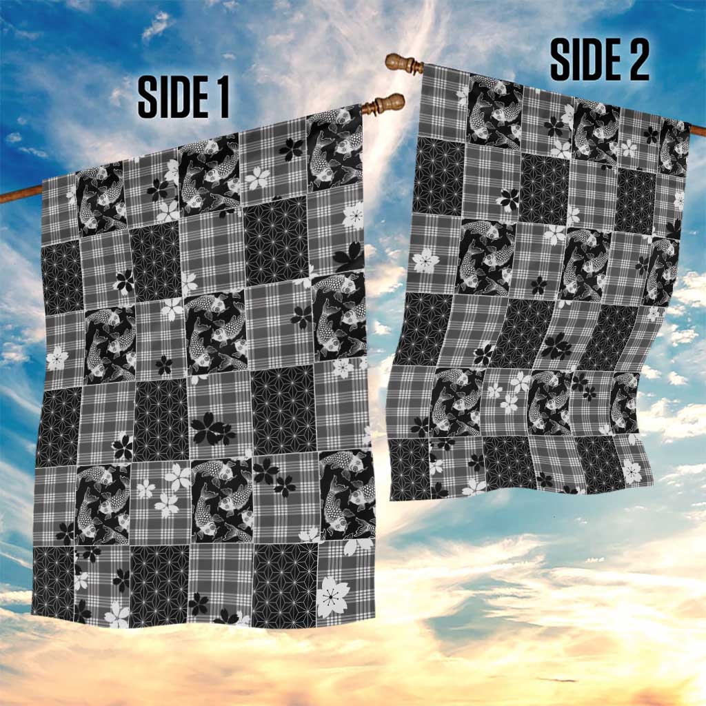 Black Palaka Japanese Patterns Garden Flag Koi Fish Asanoha Sakura Patchwork Stylized LT14 - Polynesian Pride