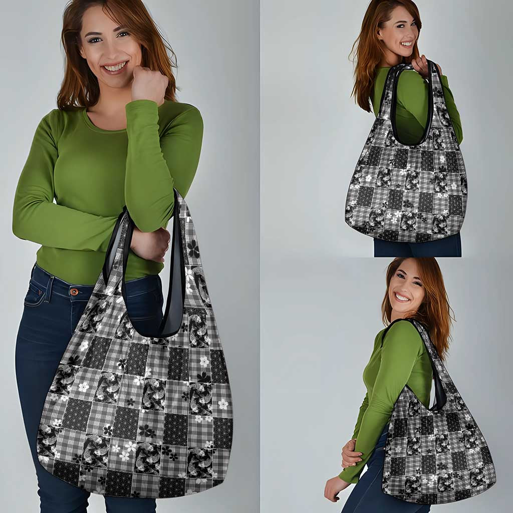 Black Palaka Japanese Patterns Grocery Bag Koi Fish Asanoha Sakura Patchwork Stylized - Polynesian Pride
