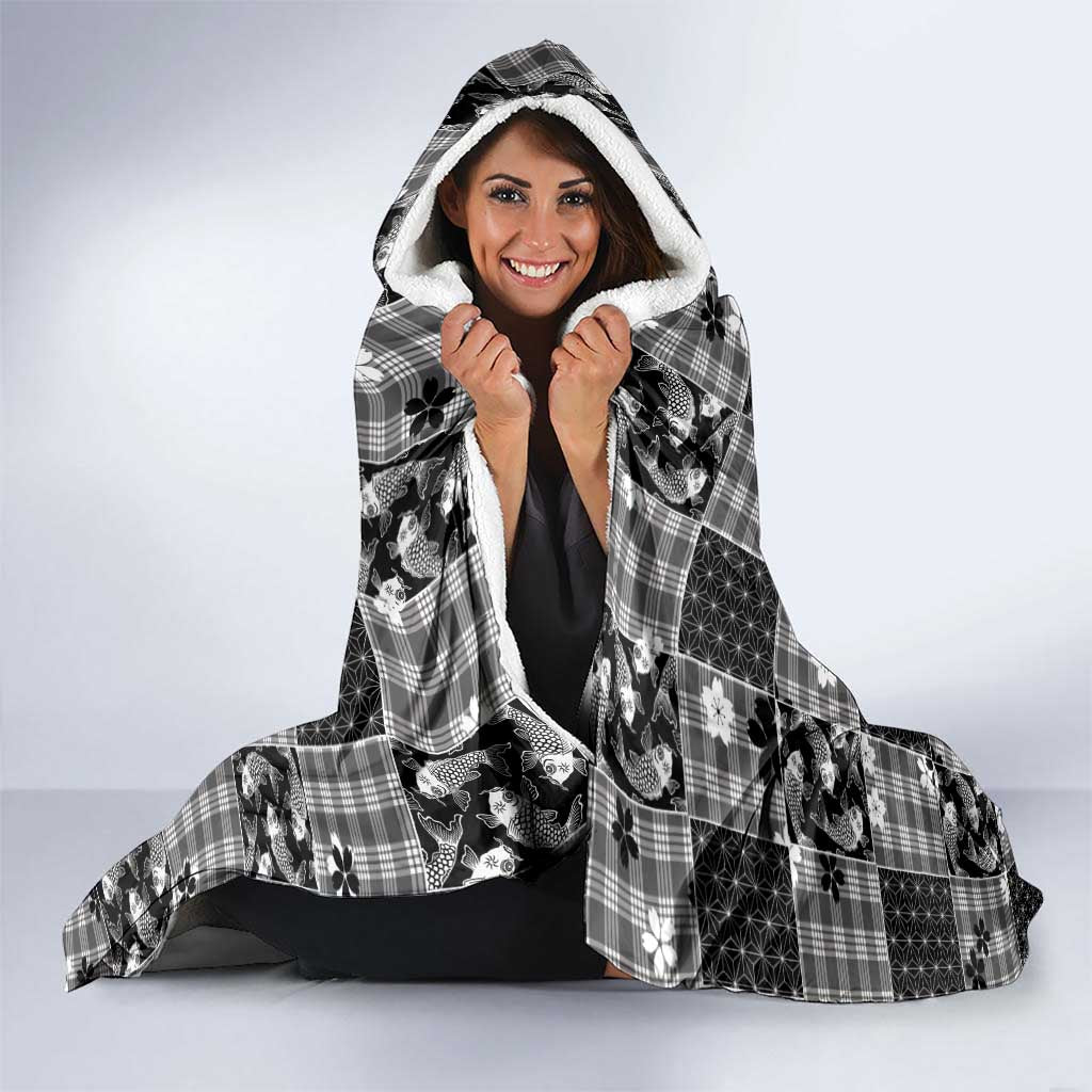 Black Palaka Japanese Patterns Hooded Blanket Koi Fish Asanoha Sakura Patchwork Stylized - Polynesian Pride