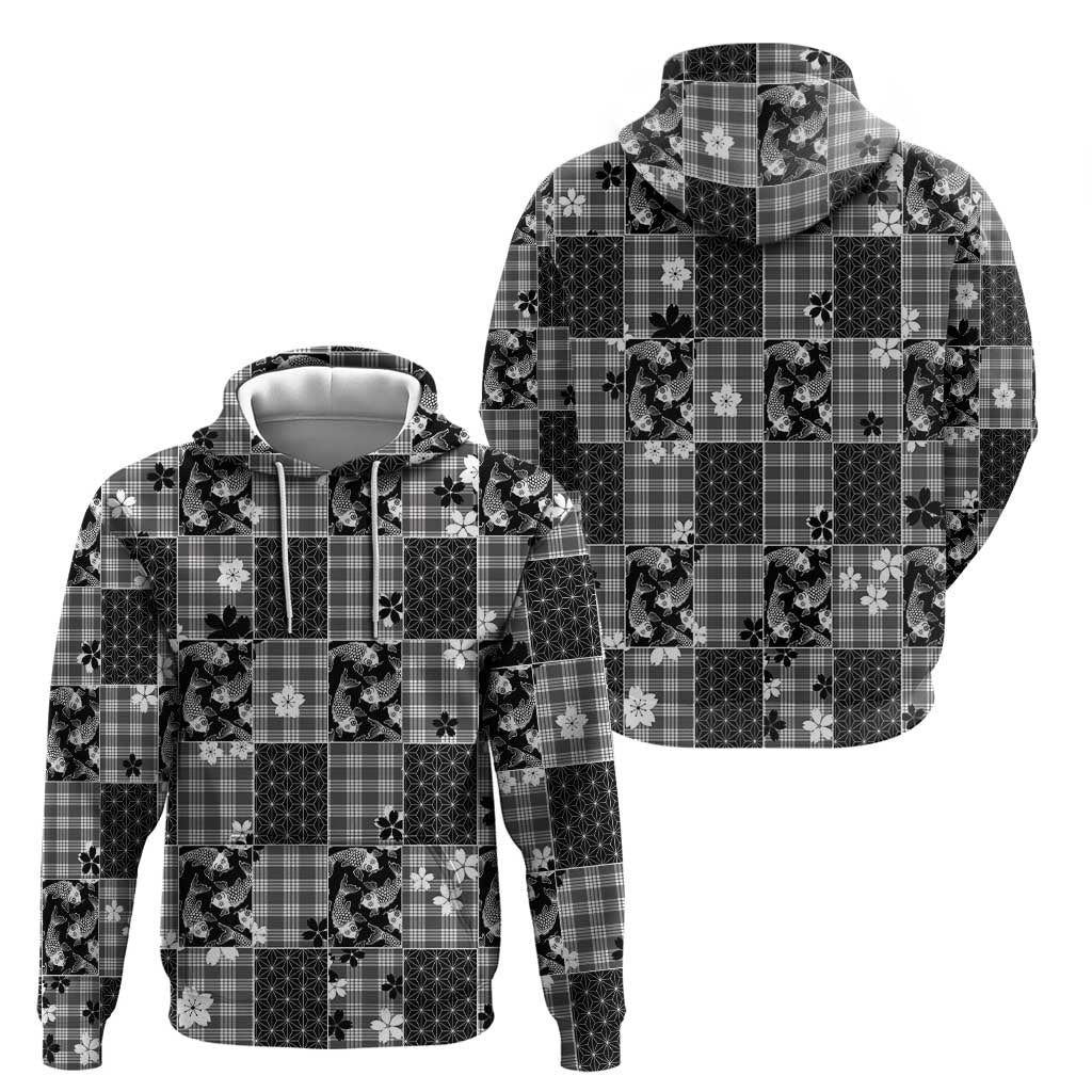 Black Palaka Japanese Patterns Hoodie Koi Fish Asanoha Sakura Patchwork Stylized - Polynesian Pride