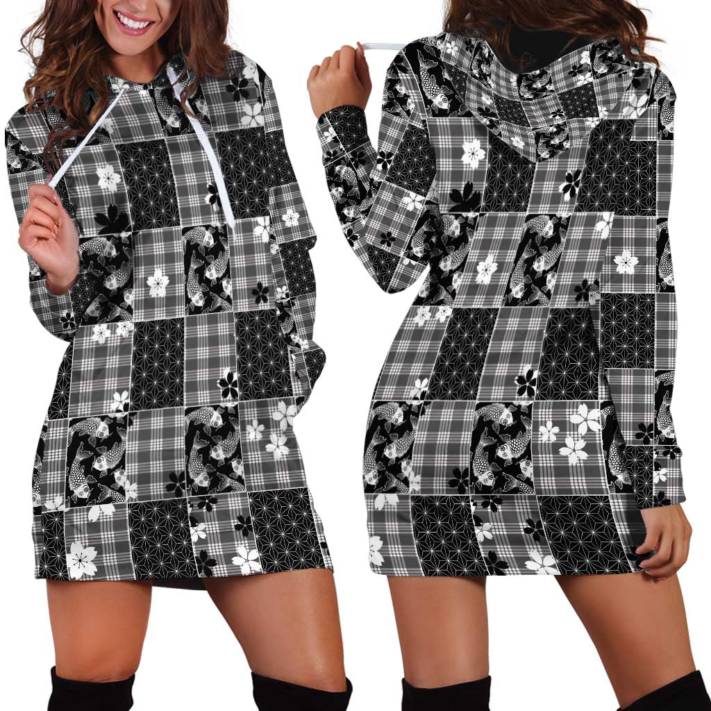 Black Palaka Japanese Patterns Hoodie Dress Koi Fish Asanoha Sakura Patchwork Stylized - Polynesian Pride
