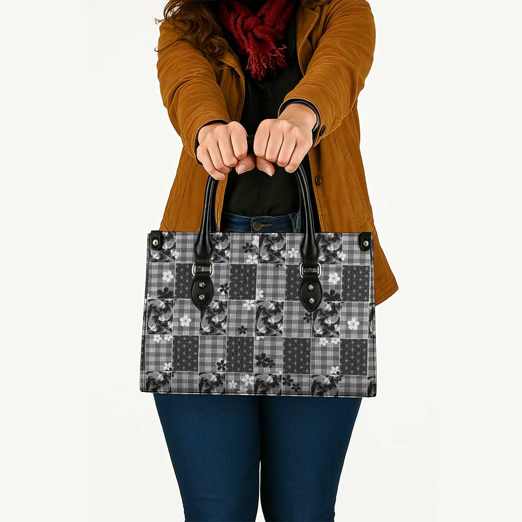 Black Palaka Japanese Patterns Leather Bag Koi Fish Asanoha Sakura Patchwork Stylized - Polynesian Pride