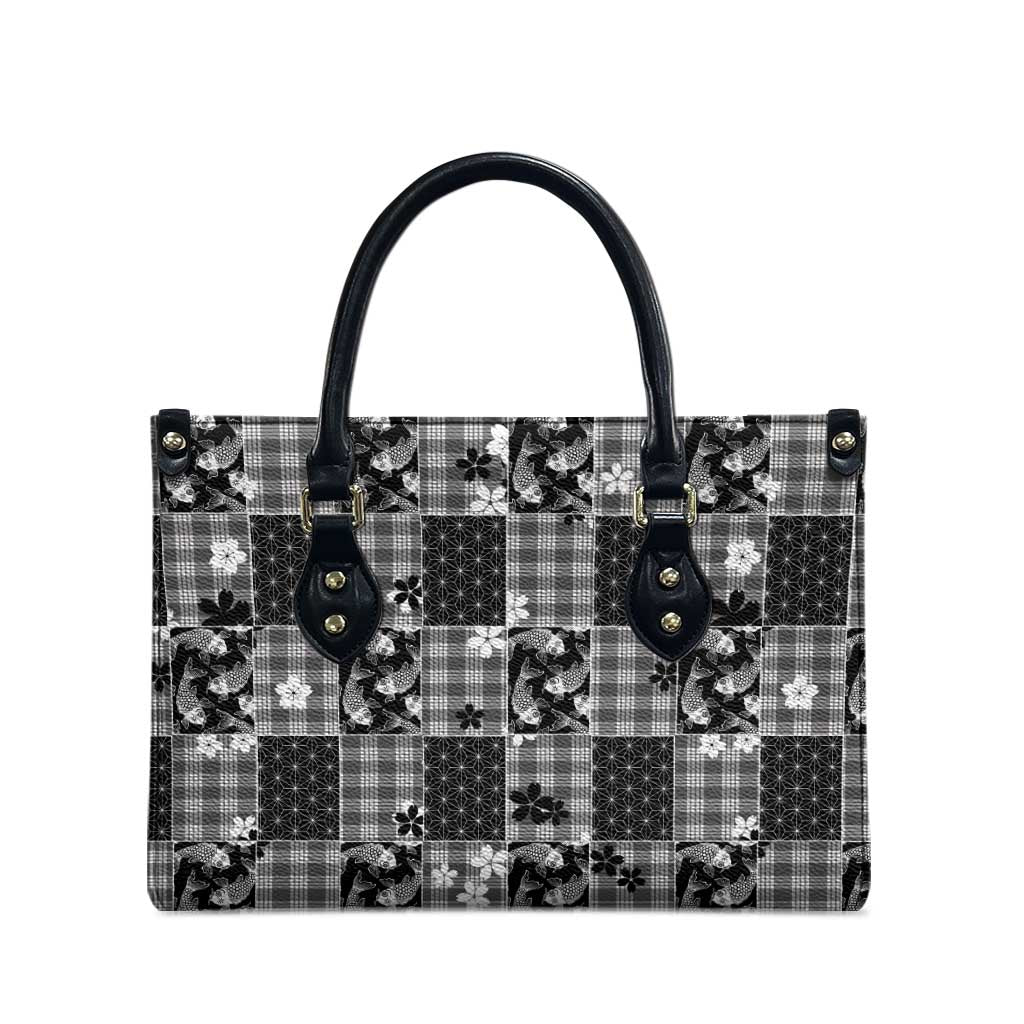 Black Palaka Japanese Patterns Leather Bag Koi Fish Asanoha Sakura Patchwork Stylized - Polynesian Pride