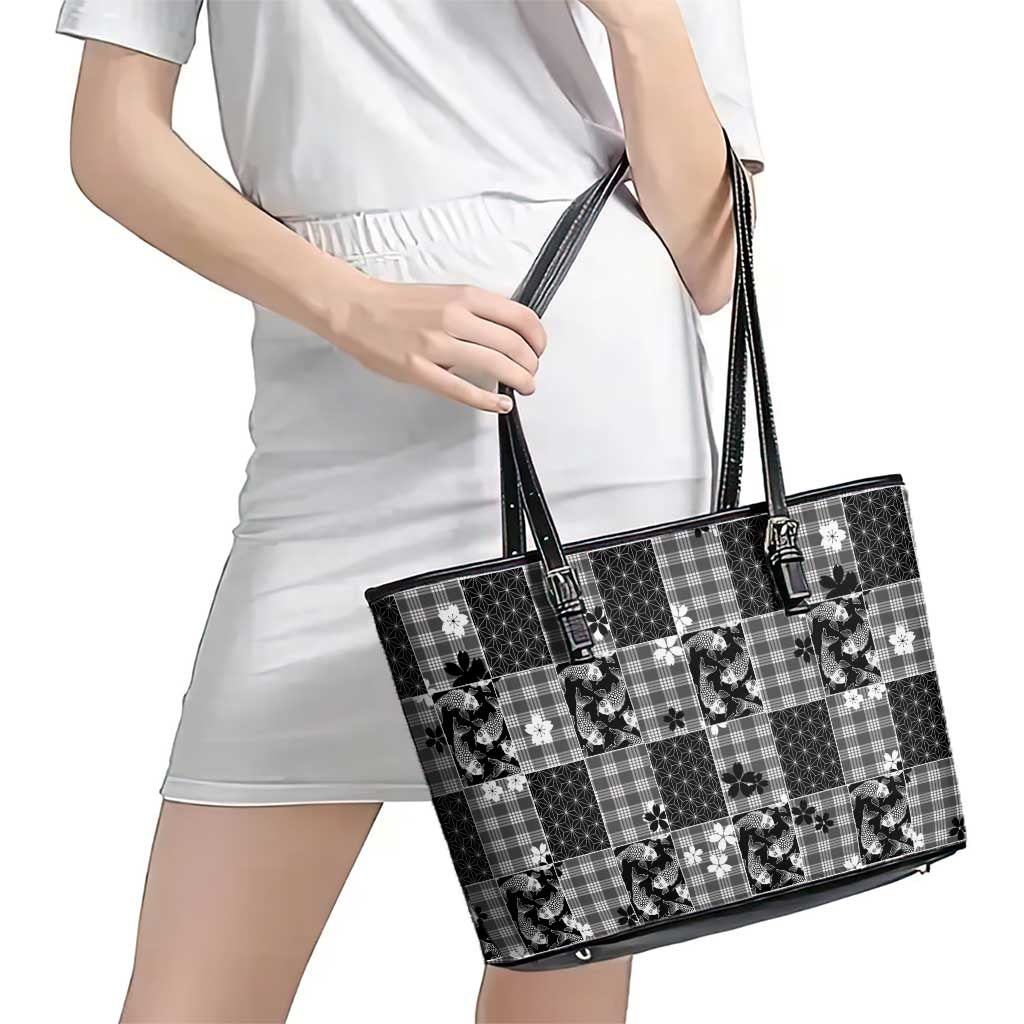 Black Palaka Japanese Patterns Leather Tote Bag Koi Fish Asanoha Sakura Patchwork Stylized - Polynesian Pride