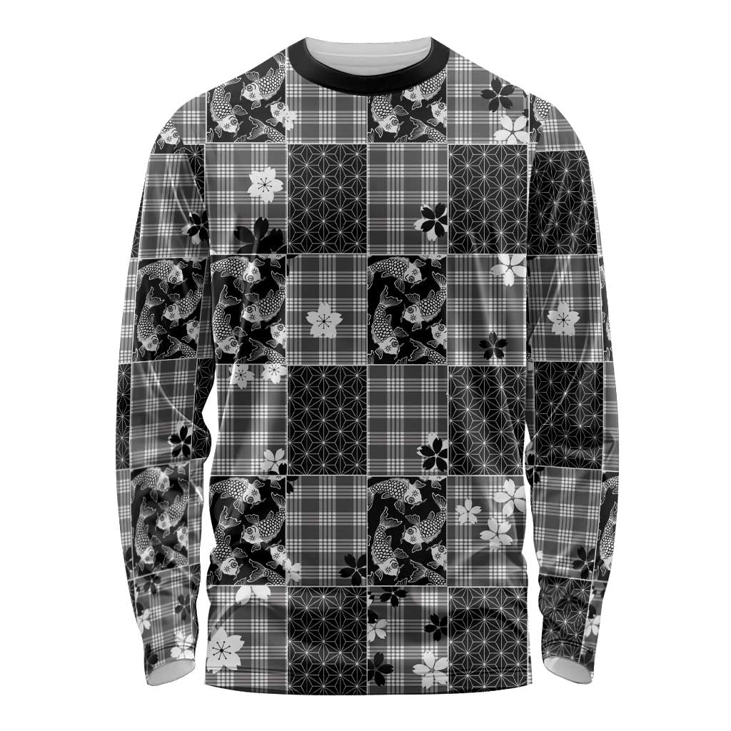 Black Palaka Japanese Patterns Long Sleeve Shirt Koi Fish Asanoha Sakura Patchwork Stylized LT14 Unisex Black - Polynesian Pride