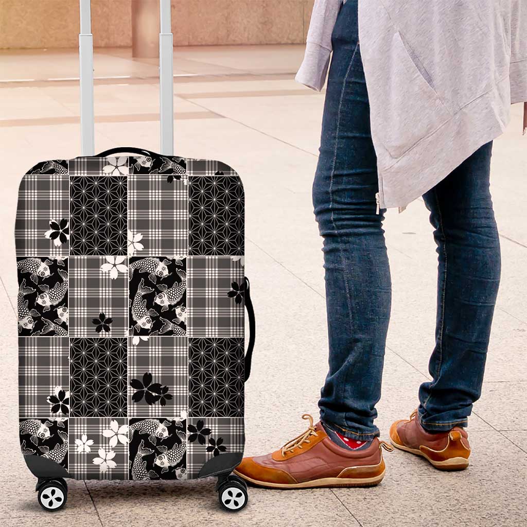 Black Palaka Japanese Patterns Luggage Cover Koi Fish Asanoha Sakura Patchwork Stylized LT14 Black - Polynesian Pride