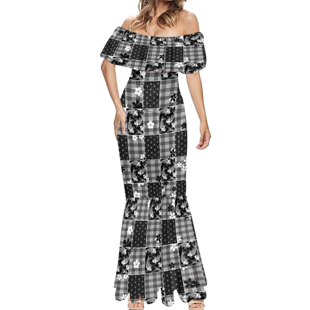 Black Palaka Japanese Patterns Mermaid Dress Koi Fish Asanoha Sakura Patchwork Stylized - Polynesian Pride