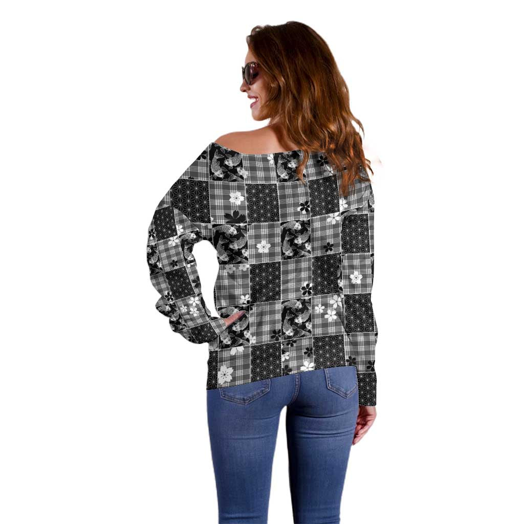 Black Palaka Japanese Patterns Off Shoulder Sweater Koi Fish Asanoha Sakura Patchwork Stylized - Polynesian Pride