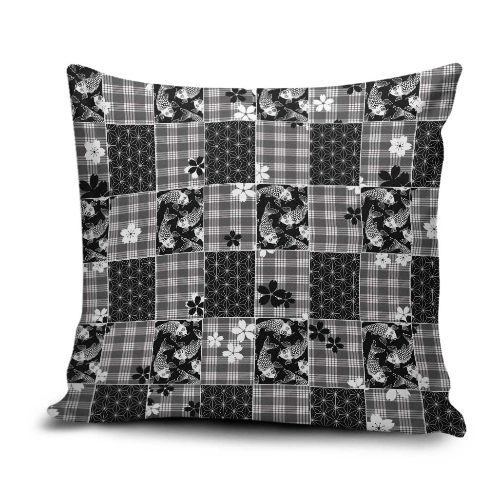 Black Palaka Japanese Patterns Pillow Cover Koi Fish Asanoha Sakura Patchwork Stylized LT14 Black - Polynesian Pride