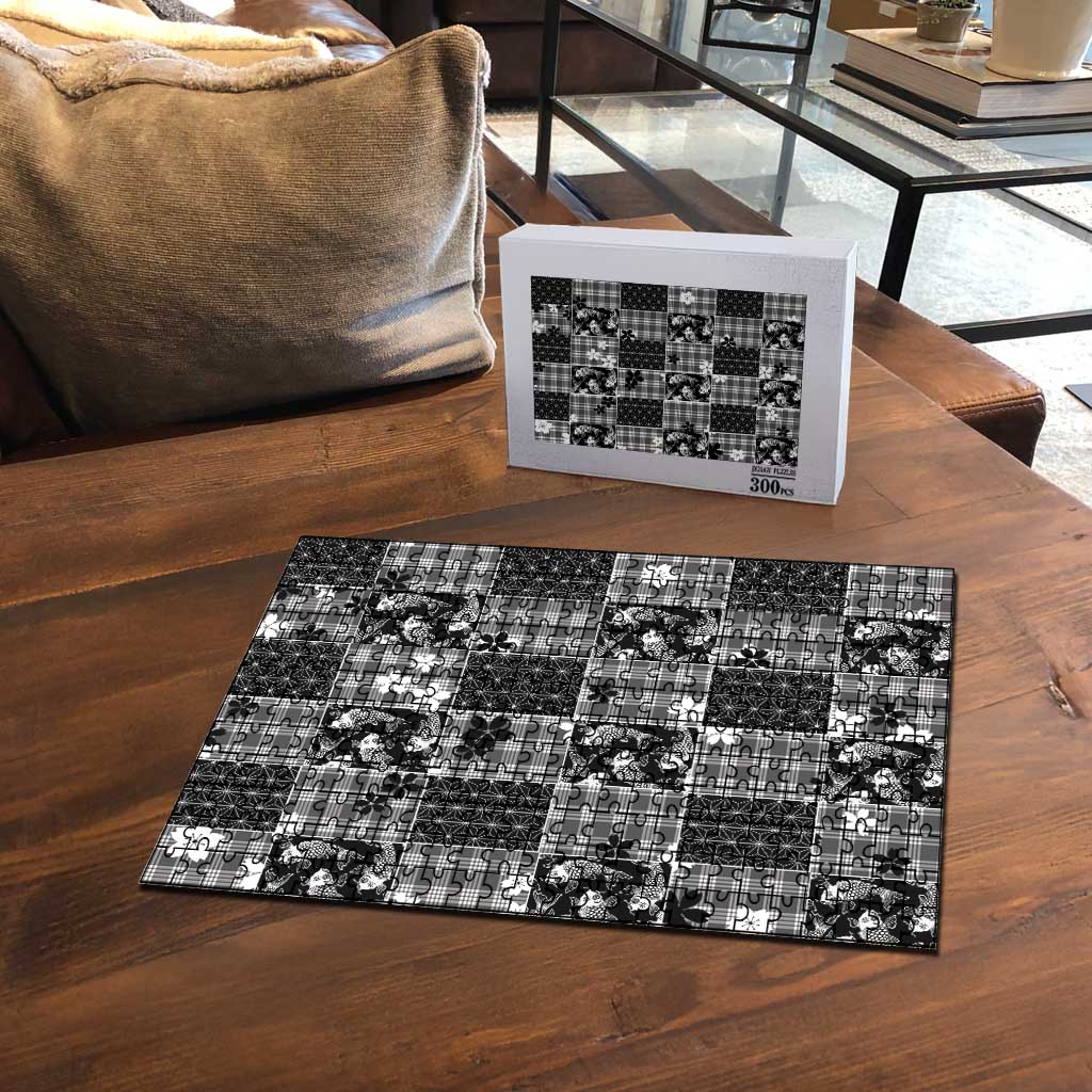 Black Palaka Japanese Patterns Puzzle Koi Fish Asanoha Sakura Patchwork Stylized - Polynesian Pride