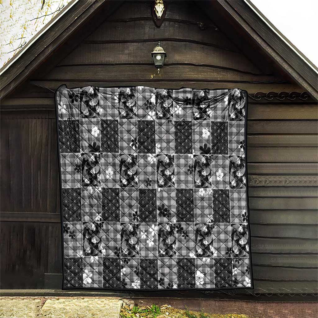 Black Palaka Japanese Patterns Quilt Koi Fish Asanoha Sakura Patchwork Stylized - Polynesian Pride