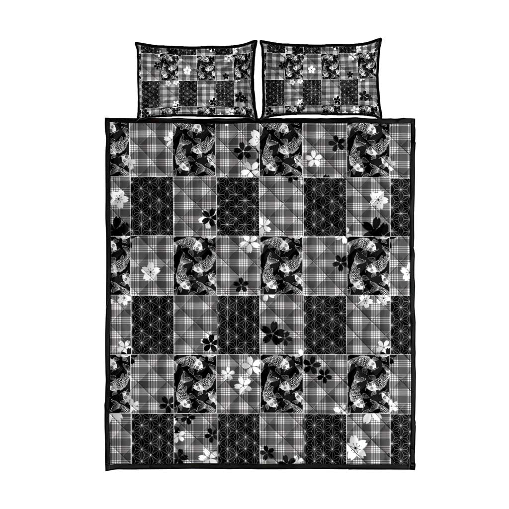 Black Palaka Japanese Patterns Quilt Bed Set Koi Fish Asanoha Sakura Patchwork Stylized LT14 - Polynesian Pride