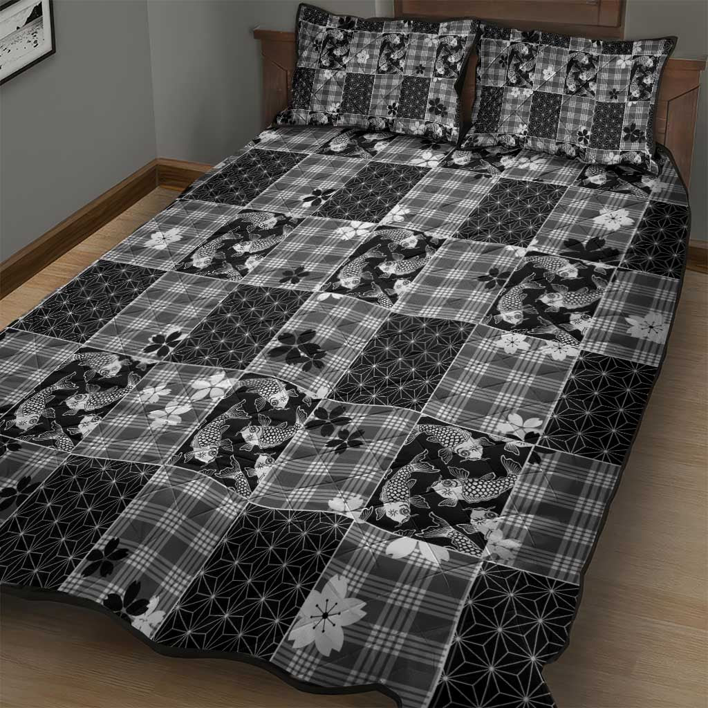 Black Palaka Japanese Patterns Quilt Bed Set Koi Fish Asanoha Sakura Patchwork Stylized LT14 - Polynesian Pride