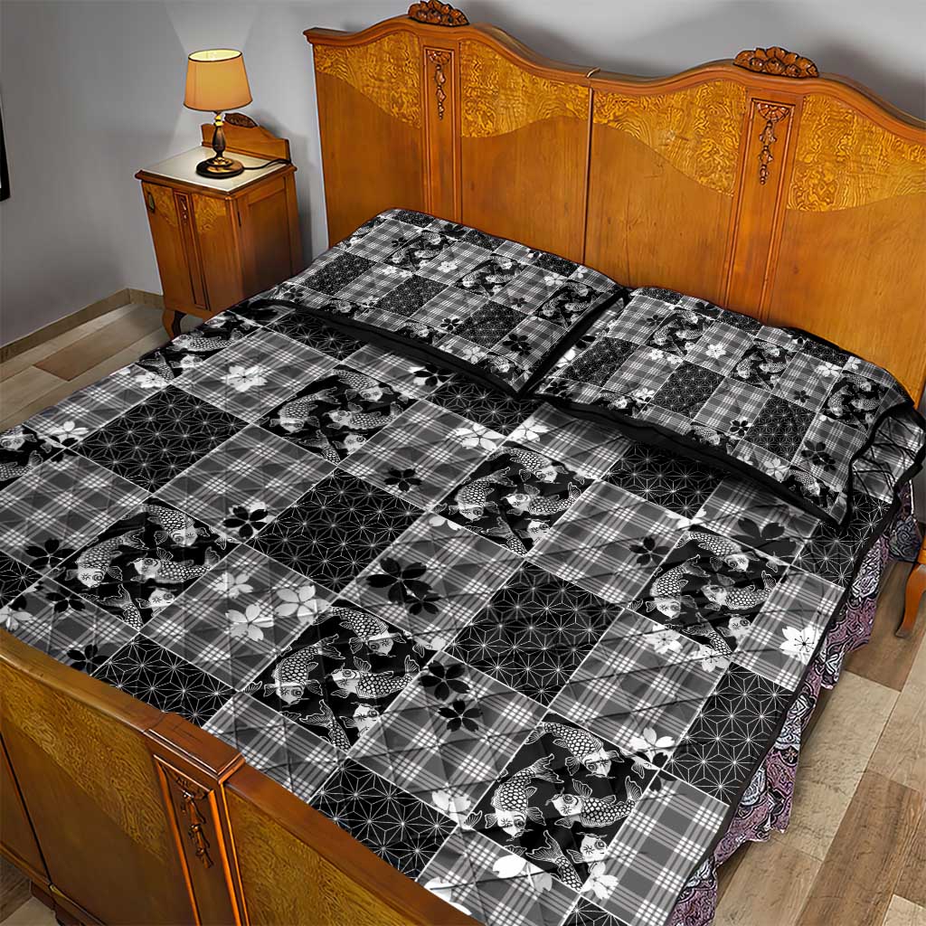 Black Palaka Japanese Patterns Quilt Bed Set Koi Fish Asanoha Sakura Patchwork Stylized LT14 - Polynesian Pride