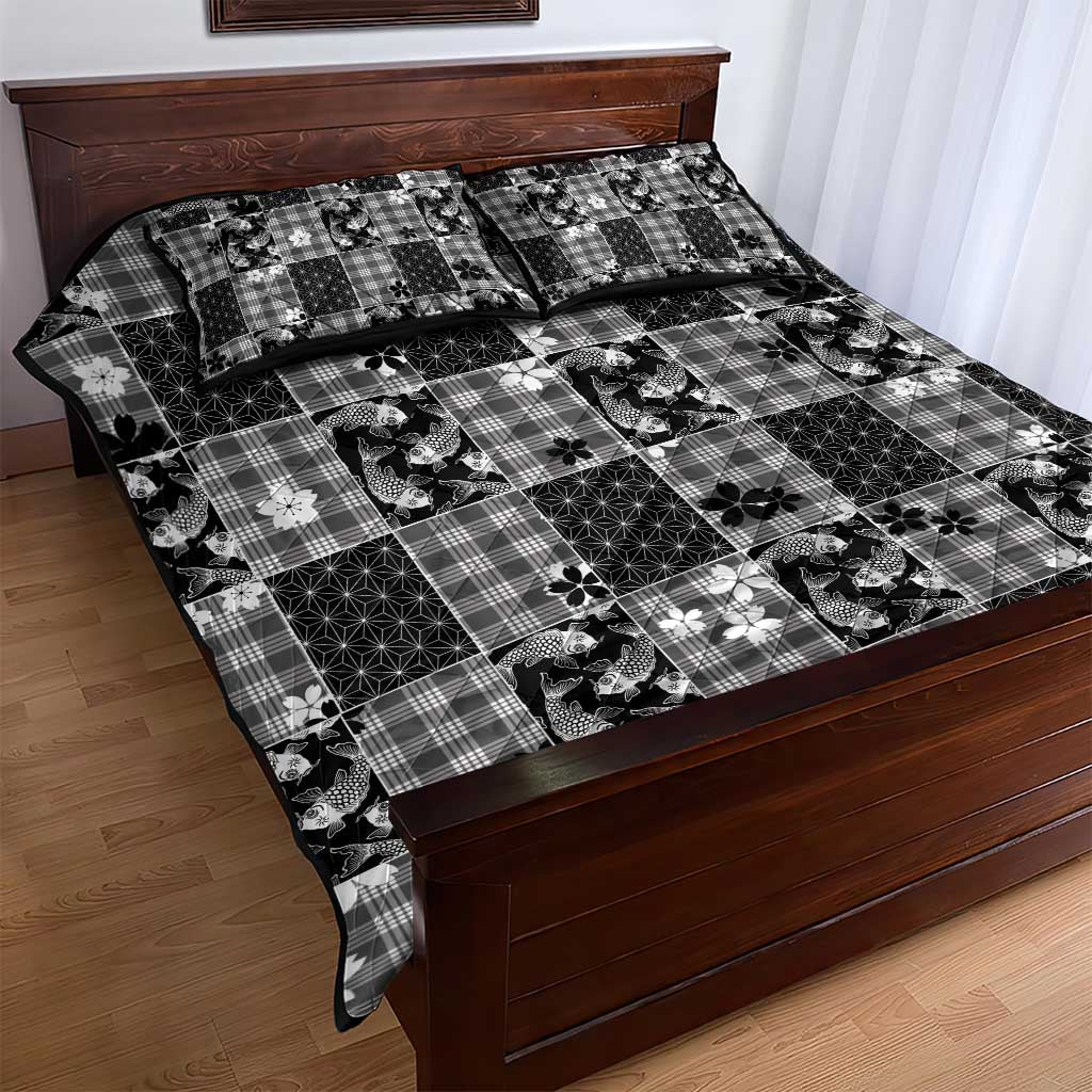 Black Palaka Japanese Patterns Quilt Bed Set Koi Fish Asanoha Sakura Patchwork Stylized LT14 - Polynesian Pride