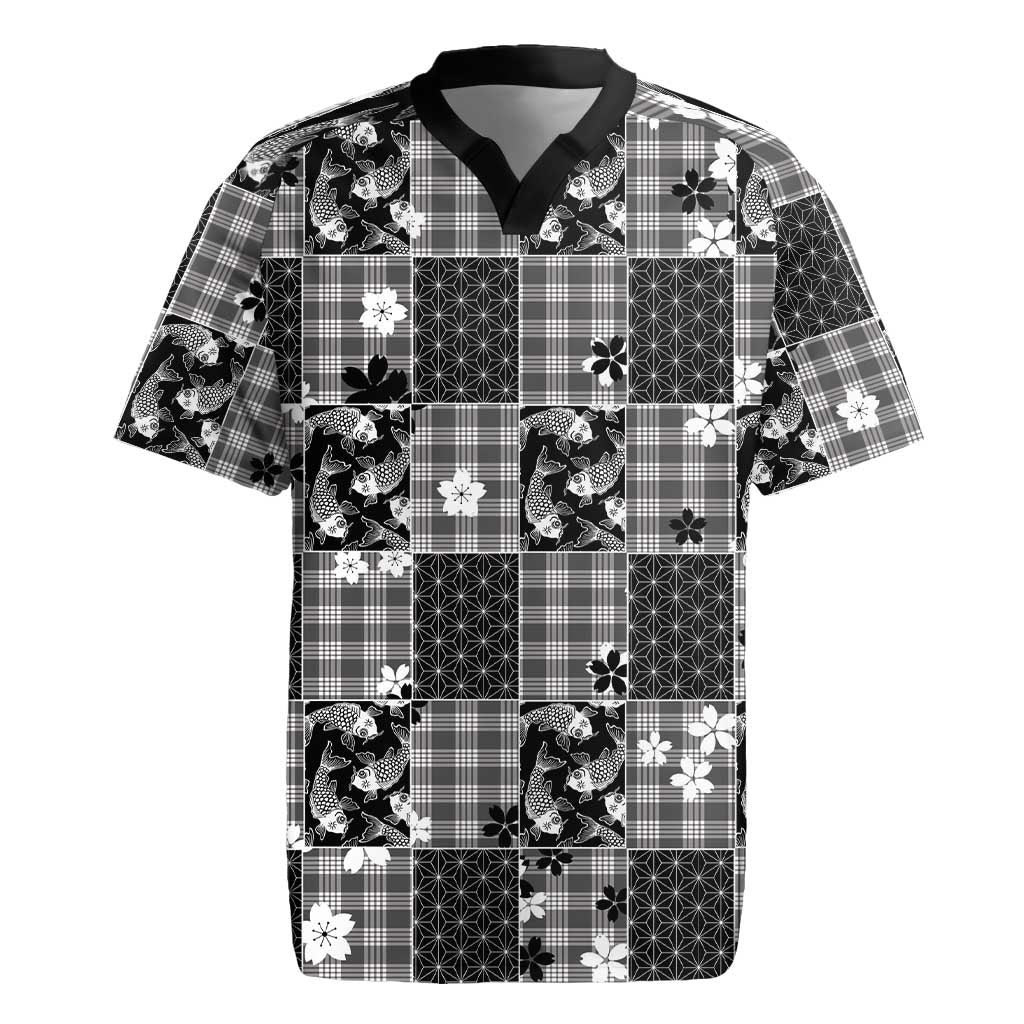 Black Palaka Japanese Patterns Rugby Jersey Koi Fish Asanoha Sakura Patchwork Stylized LT14 Black - Polynesian Pride