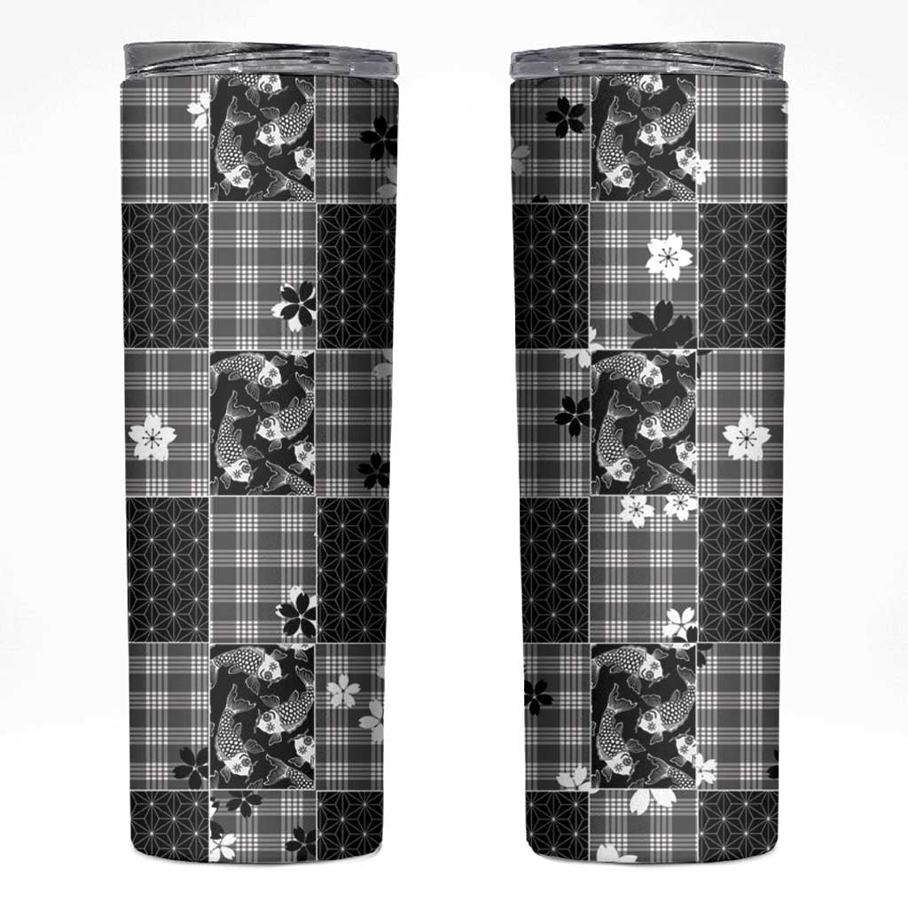 Black Palaka Japanese Patterns Skinny Tumbler Koi Fish Asanoha Sakura Patchwork Stylized LT14 Black - Polynesian Pride