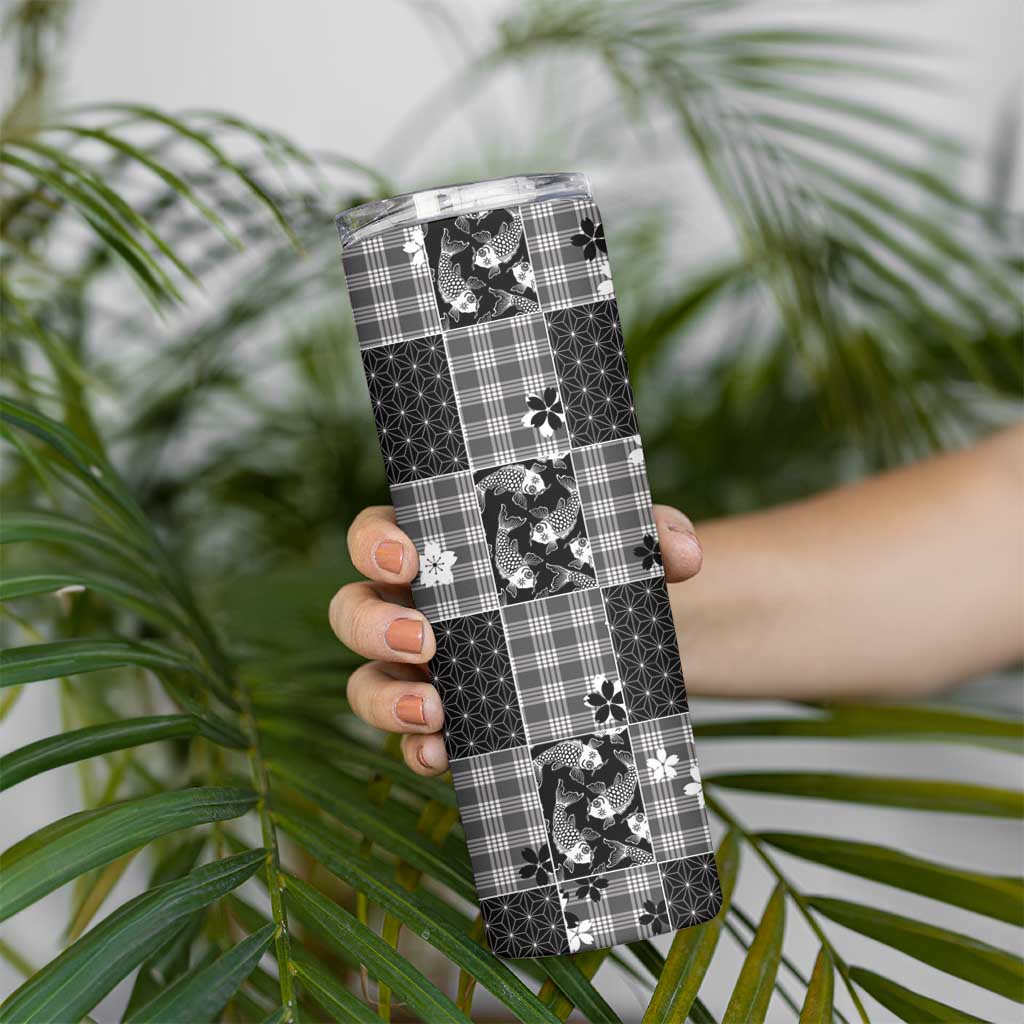 Black Palaka Japanese Patterns Skinny Tumbler Koi Fish Asanoha Sakura Patchwork Stylized LT14 - Polynesian Pride