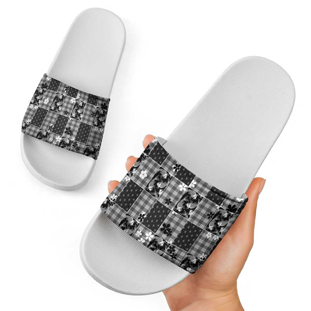Black Palaka Japanese Patterns Slide Sandals Koi Fish Asanoha Sakura Patchwork Stylized - Polynesian Pride