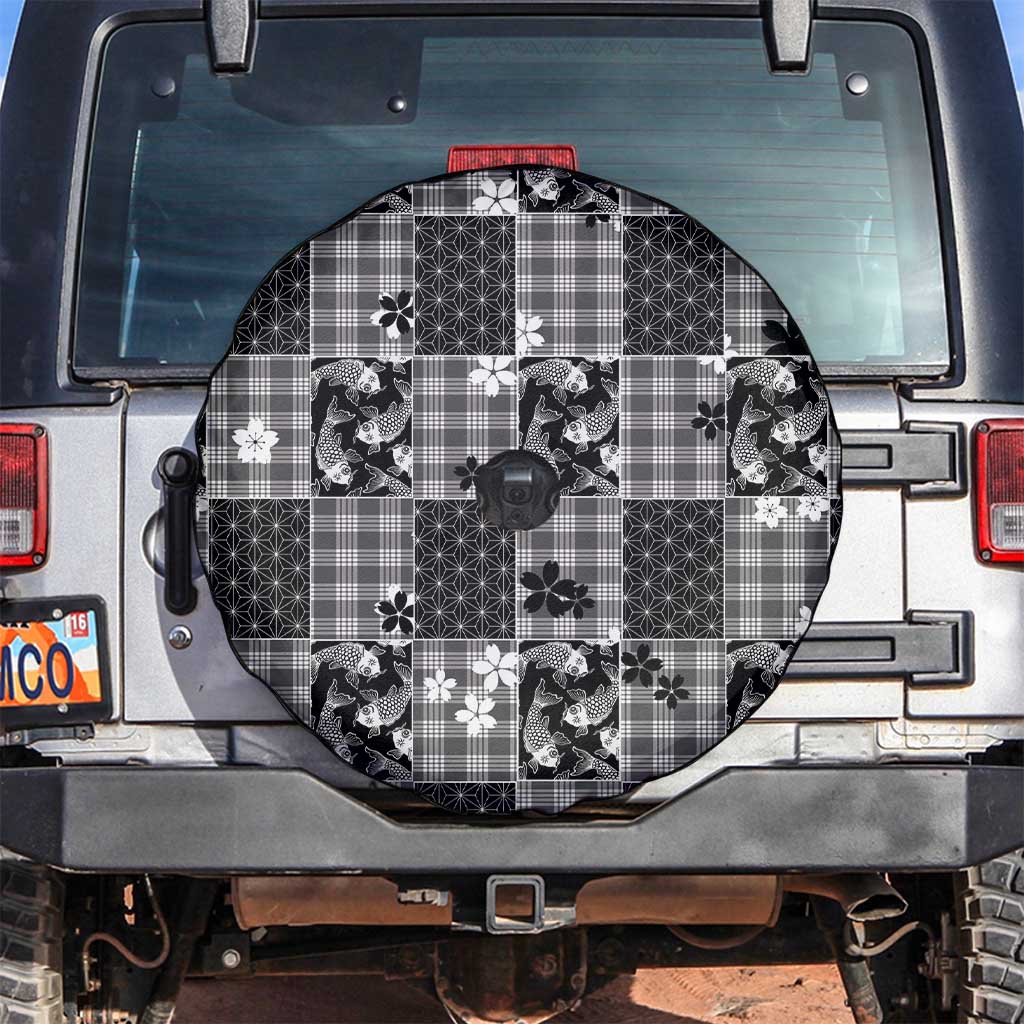 Black Palaka Japanese Patterns Spare Tire Cover Koi Fish Asanoha Sakura Patchwork Stylized LT14 Black - Polynesian Pride