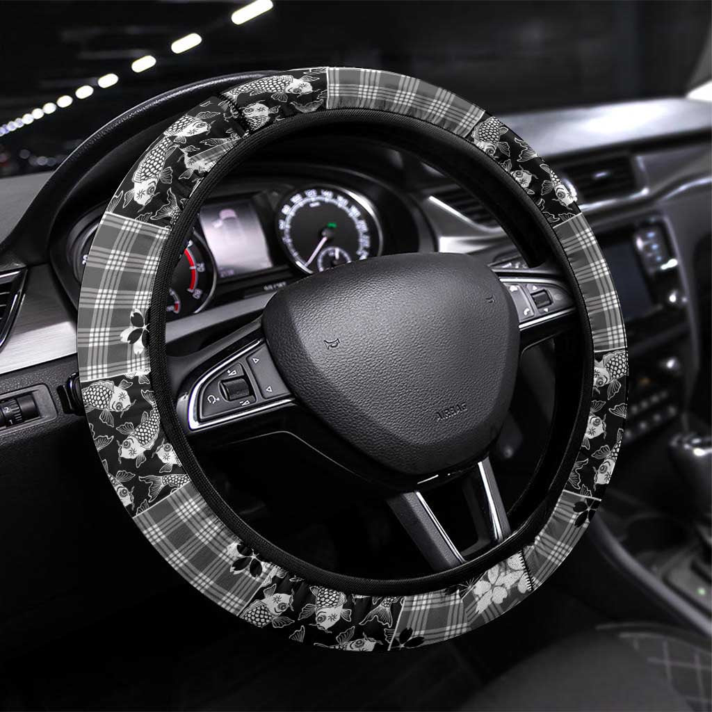 Black Palaka Japanese Patterns Steering Wheel Cover Koi Fish Asanoha Sakura Patchwork Stylized - Polynesian Pride