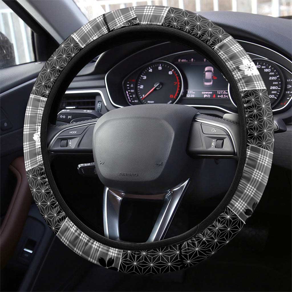 Black Palaka Japanese Patterns Steering Wheel Cover Koi Fish Asanoha Sakura Patchwork Stylized - Polynesian Pride