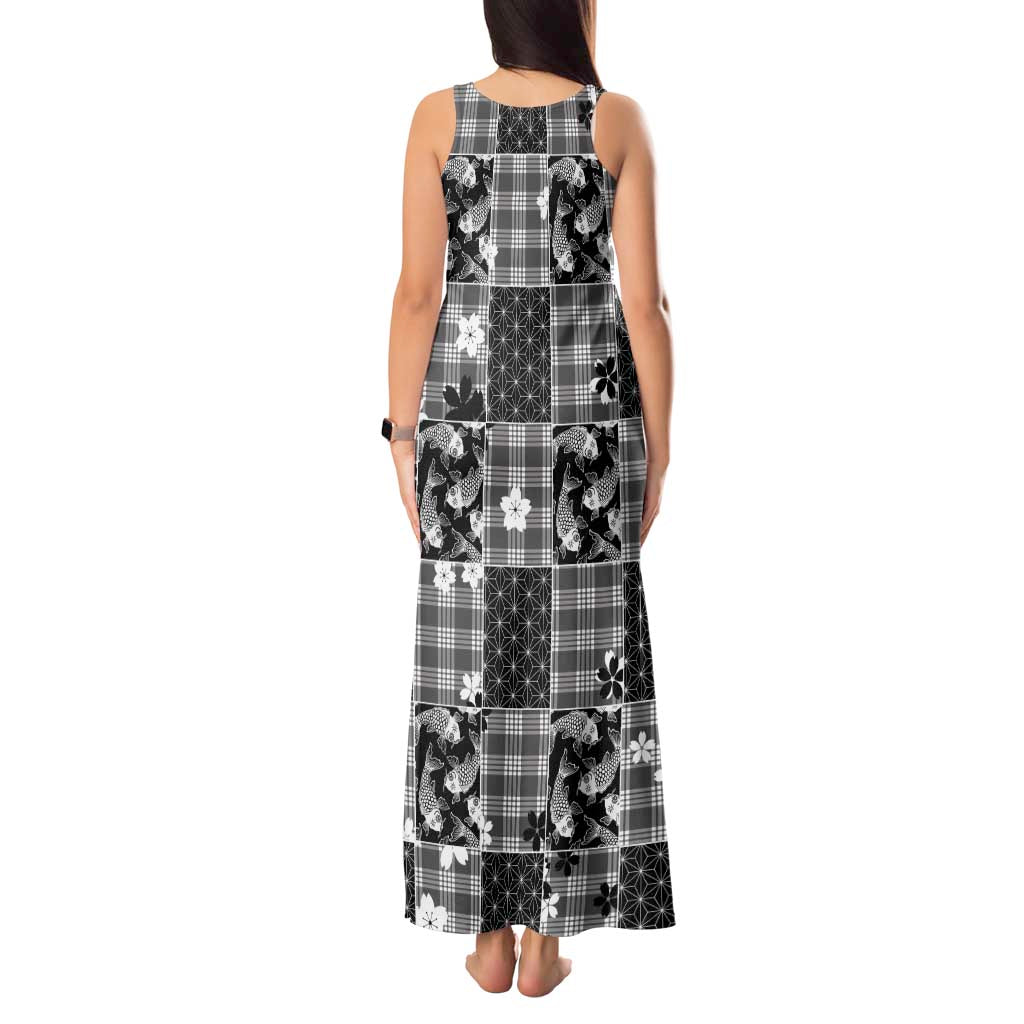 Black Palaka Japanese Patterns Tank Maxi Dress Koi Fish Asanoha Sakura Patchwork Stylized - Polynesian Pride
