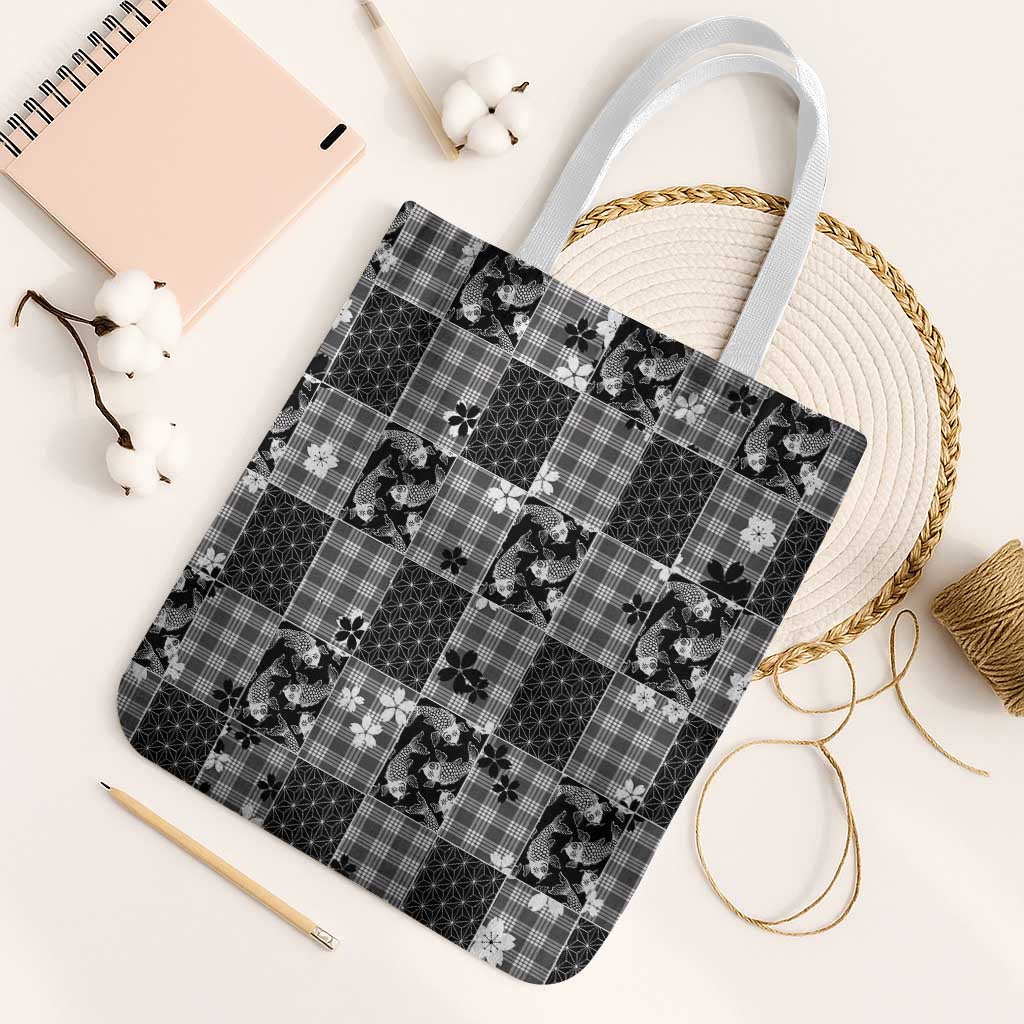 Black Palaka Japanese Patterns Tote Bag Koi Fish Asanoha Sakura Patchwork Stylized - Polynesian Pride