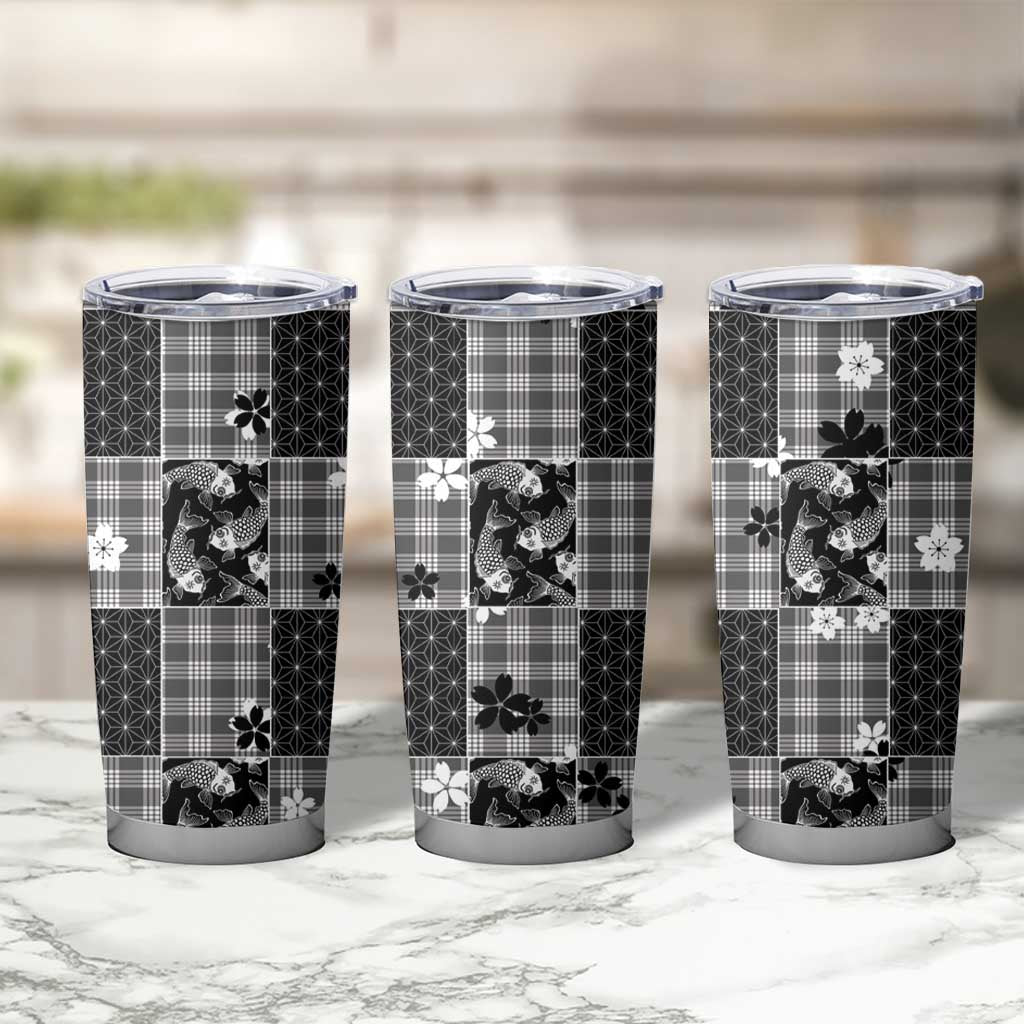 Black Palaka Japanese Patterns Tumbler Cup Koi Fish Asanoha Sakura Patchwork Stylized - Polynesian Pride