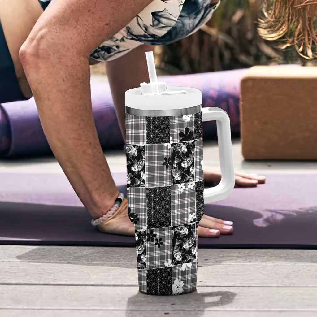 Black Palaka Japanese Patterns Tumbler With Handle Koi Fish Asanoha Sakura Patchwork Stylized - Polynesian Pride