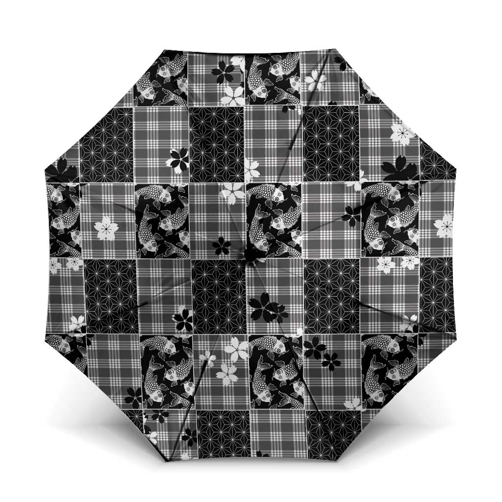 Black Palaka Japanese Patterns Umbrella Koi Fish Asanoha Sakura Patchwork Stylized LT14 One Size Folded 11.42 inch Opened Diameter 37.4 inch Black - Polynesian Pride