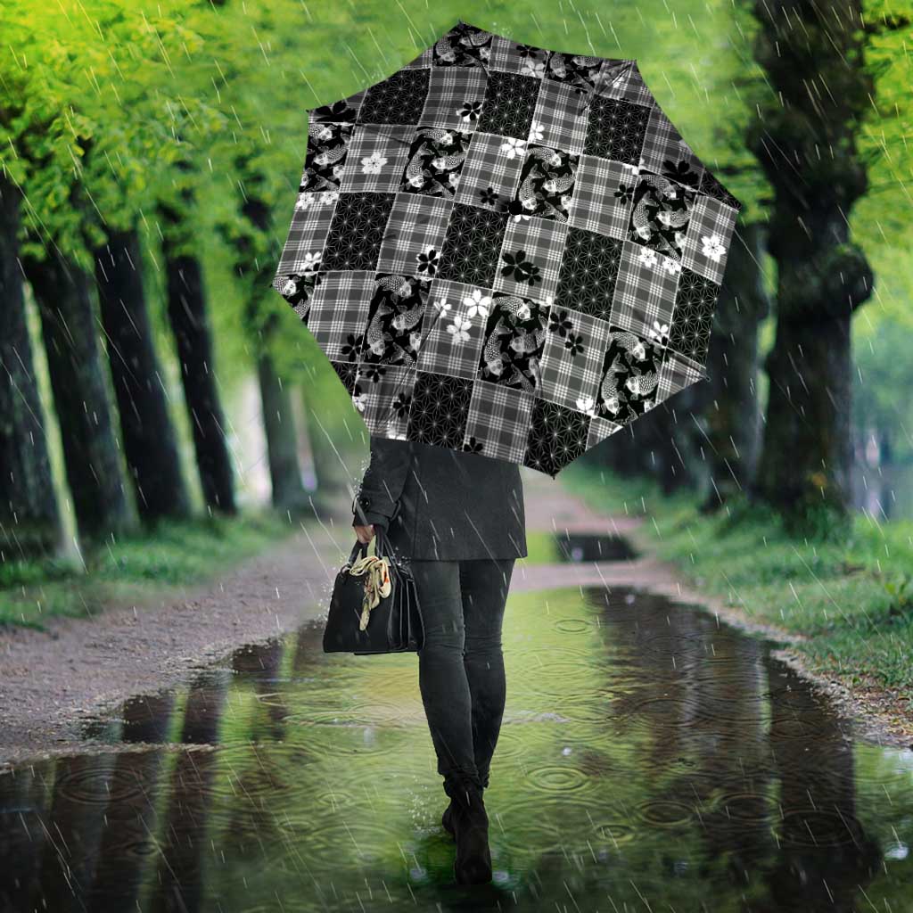 Black Palaka Japanese Patterns Umbrella Koi Fish Asanoha Sakura Patchwork Stylized - Polynesian Pride