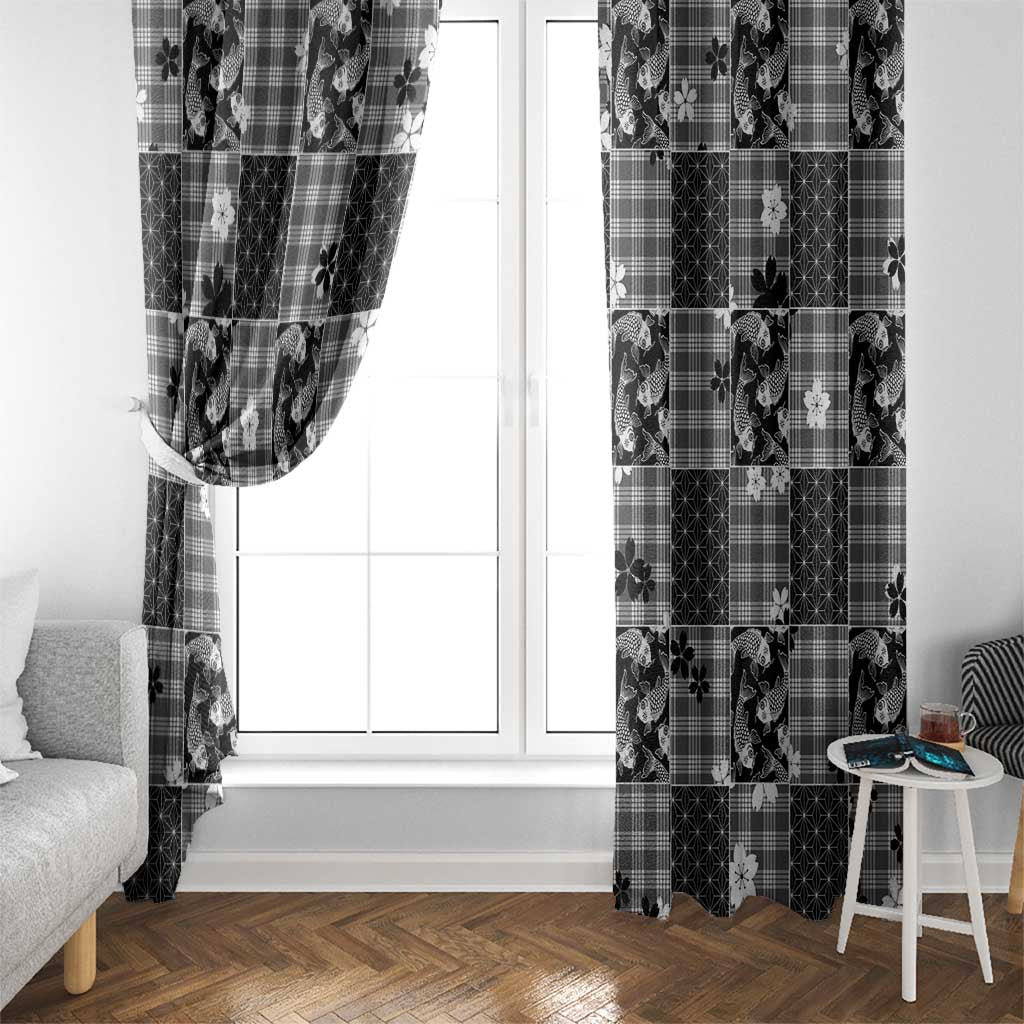 Black Palaka Japanese Patterns Window Curtain Koi Fish Asanoha Sakura Patchwork Stylized - Polynesian Pride