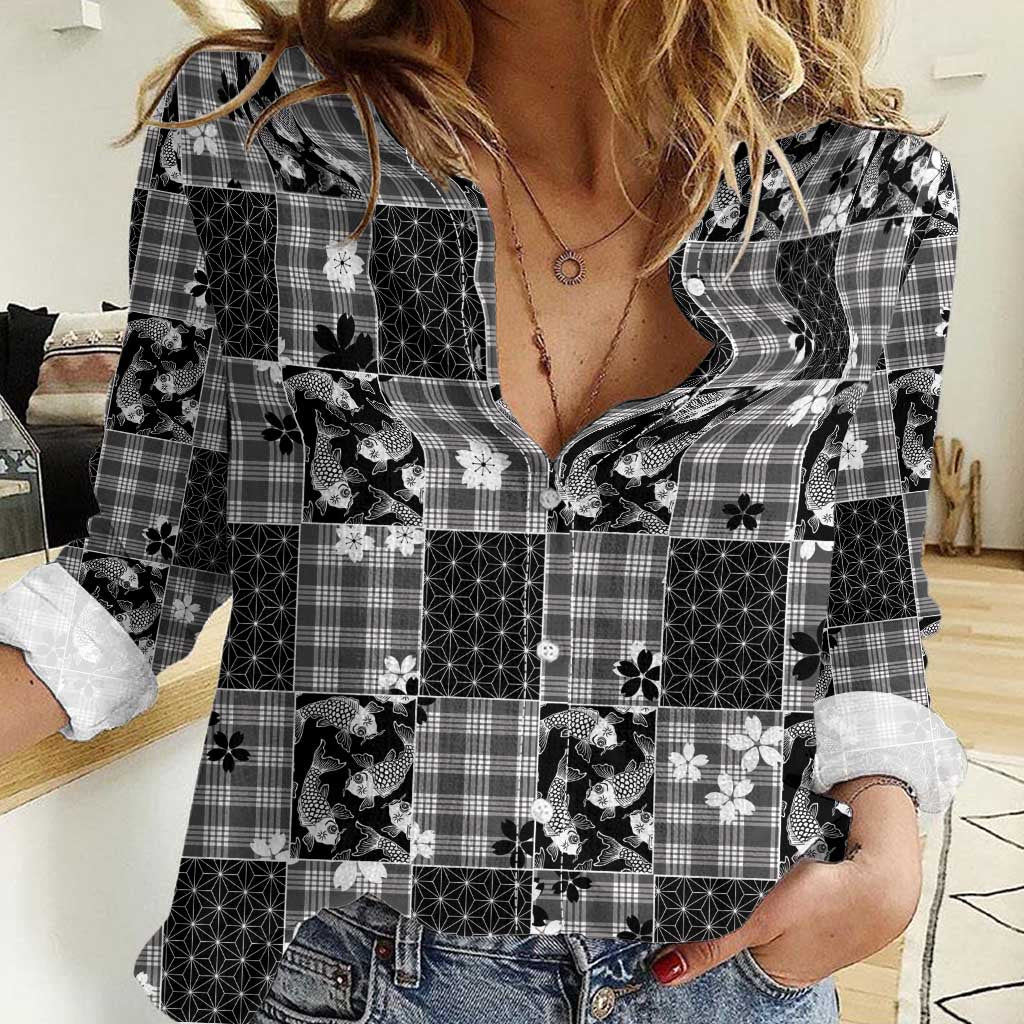 Black Palaka Japanese Patterns Women Casual Shirt Koi Fish Asanoha Sakura Patchwork Stylized - Polynesian Pride
