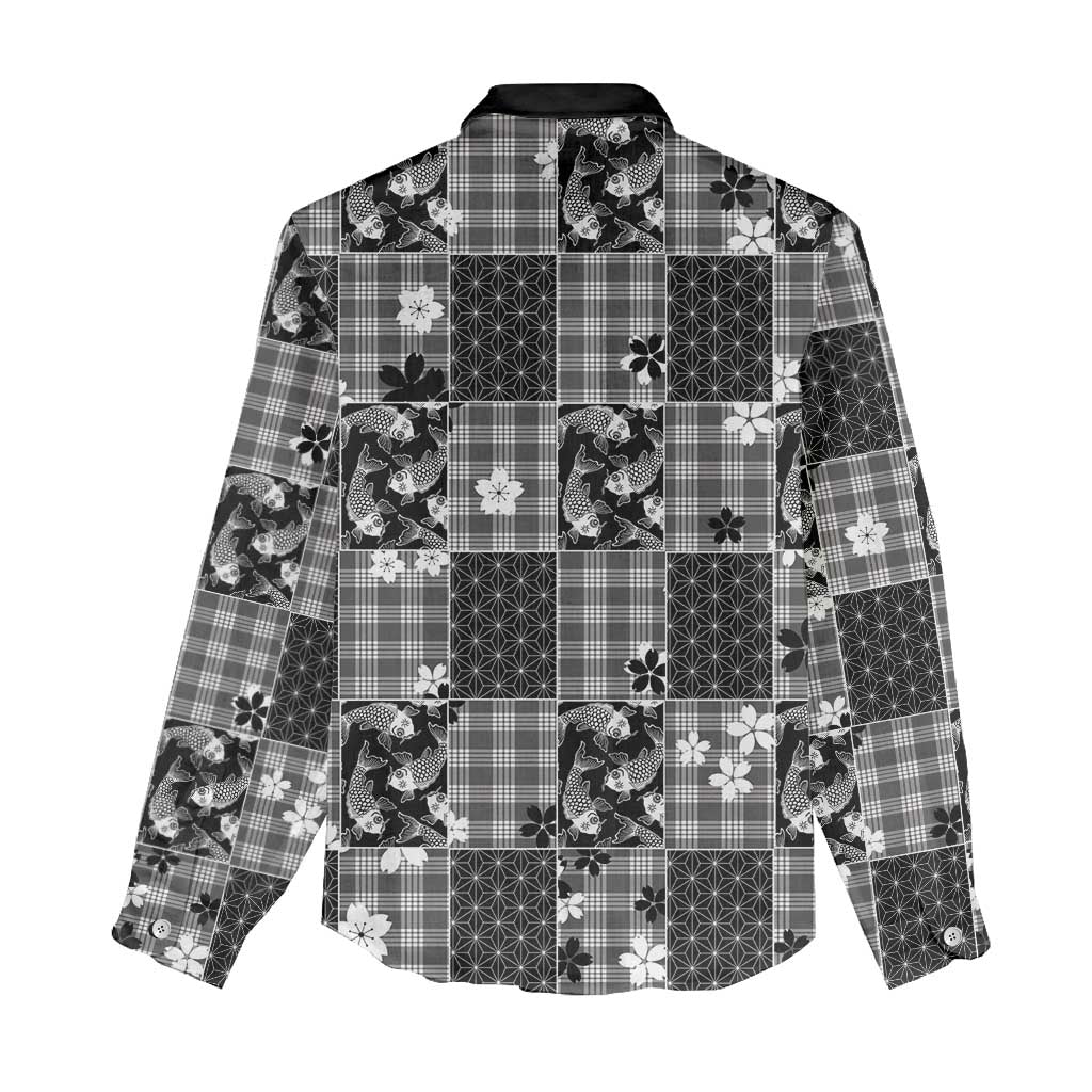 Black Palaka Japanese Patterns Women Casual Shirt Koi Fish Asanoha Sakura Patchwork Stylized - Polynesian Pride