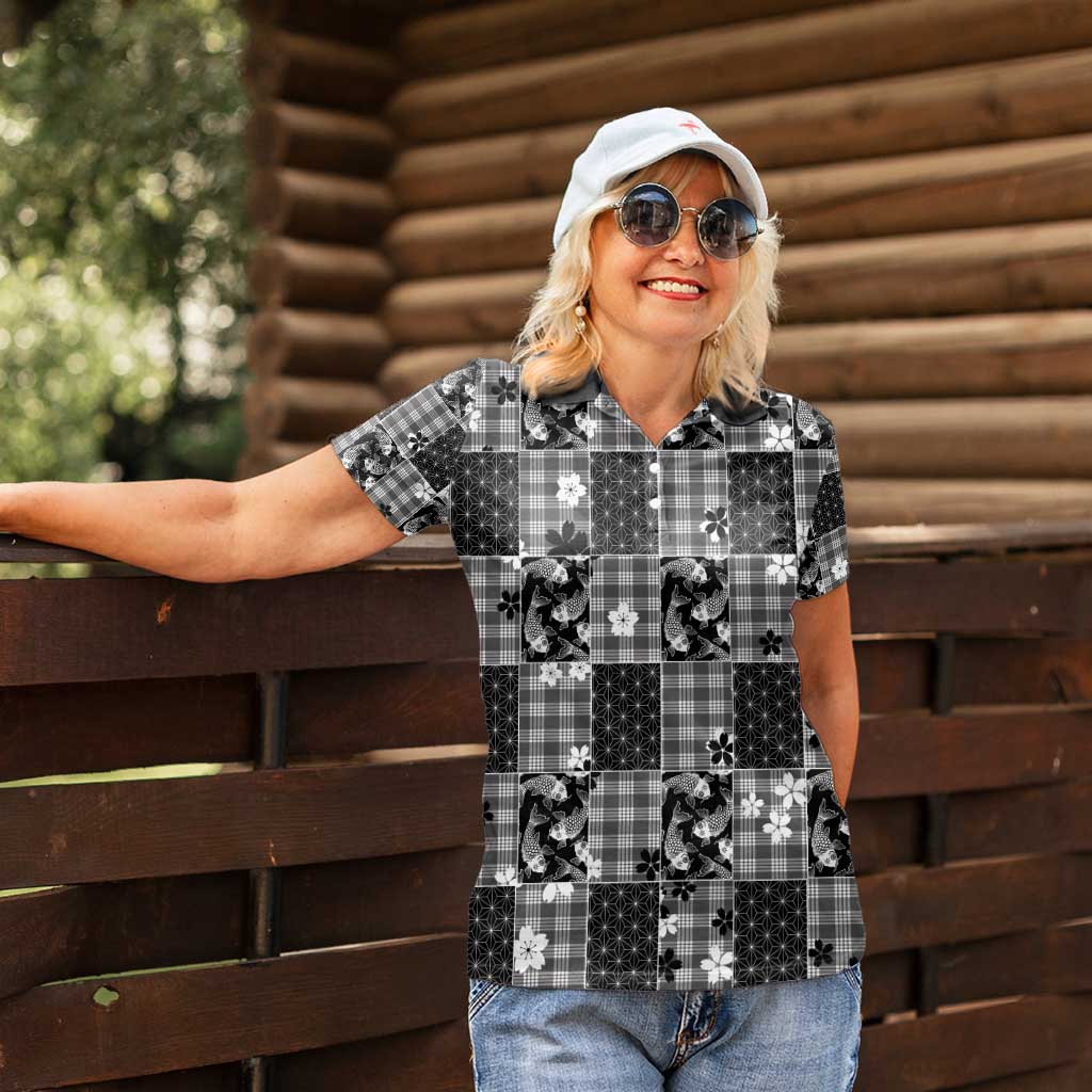 Black Palaka Japanese Patterns Women Polo Shirt Koi Fish Asanoha Sakura Patchwork Stylized - Polynesian Pride