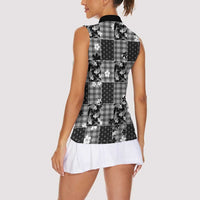Black Palaka Japanese Patterns Women Sleeveless Polo Shirt Koi Fish Asanoha Sakura Patchwork Stylized - Polynesian Pride