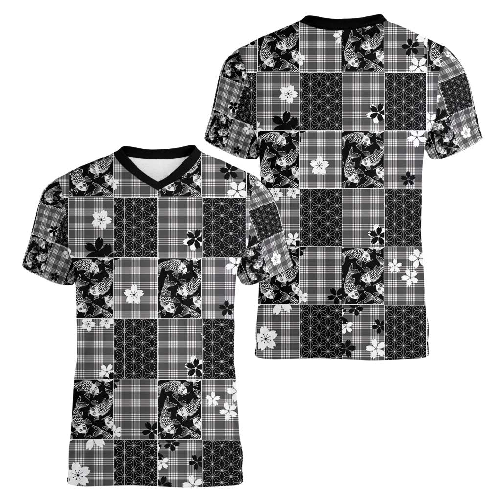 Black Palaka Japanese Patterns Women V-Neck T-Shirt Koi Fish Asanoha Sakura Patchwork Stylized - Polynesian Pride