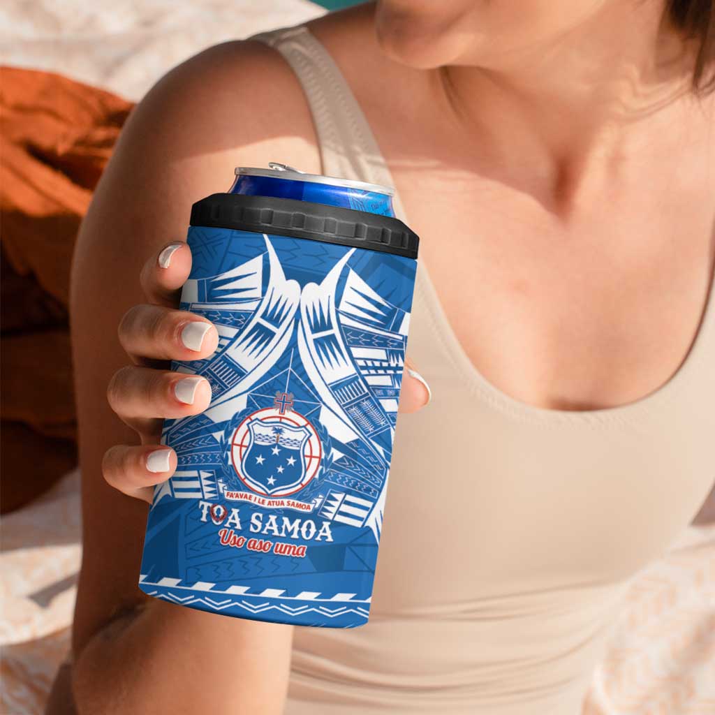 Toa Samoa Rugby Custom 4 in 1 Can Cooler Tumbler Uso aso uma Samoan Pattern Blue - Polynesian Pride
