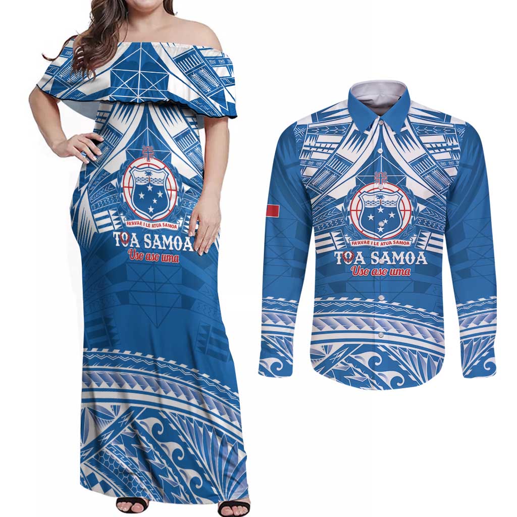 Toa Samoa Rugby Custom Couples Matching Off Shoulder Maxi Dress and Long Sleeve Button Shirt Uso aso uma Samoan Pattern Blue - Polynesian Pride