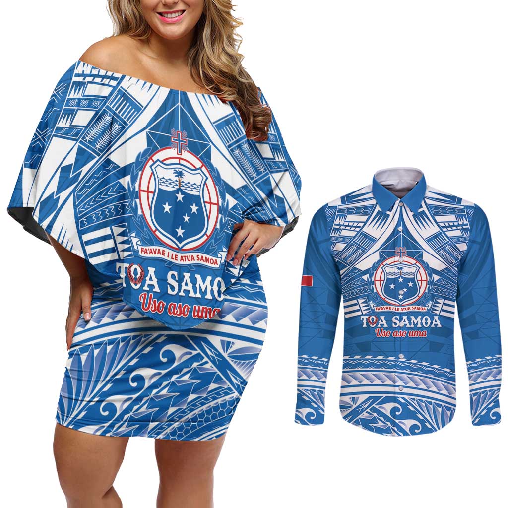 Toa Samoa Rugby Custom Couples Matching Off Shoulder Short Dress and Long Sleeve Button Shirt Uso aso uma Samoan Pattern Blue - Polynesian Pride