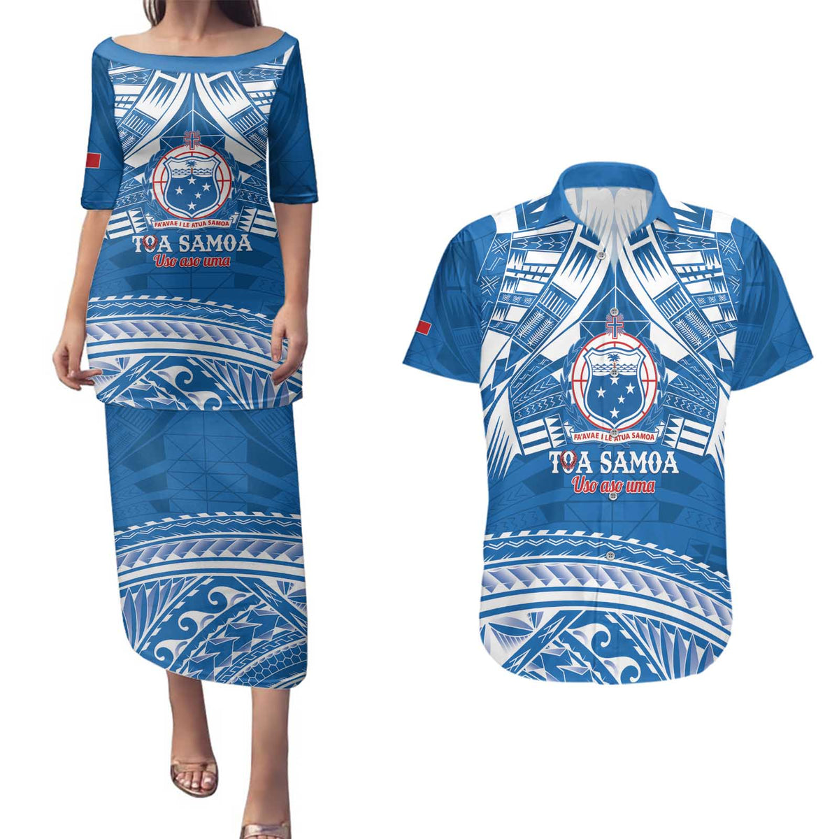 Toa Samoa Rugby Custom Couples Matching Puletasi and Hawaiian Shirt Uso aso uma Samoan Pattern Blue LT14 Blue - Polynesian Pride