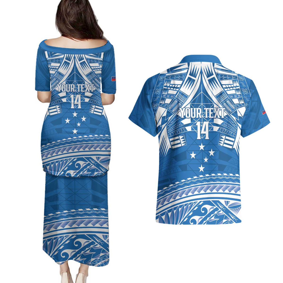 Toa Samoa Rugby Custom Couples Matching Puletasi and Hawaiian Shirt Uso aso uma Samoan Pattern Blue LT14 - Polynesian Pride