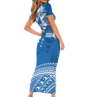 Toa Samoa Rugby Custom Family Matching Short Sleeve Bodycon Dress and Hawaiian Shirt Uso aso uma Samoan Pattern Blue - Polynesian Pride
