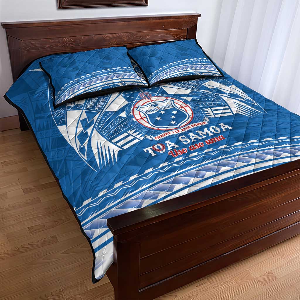 Toa Samoa Rugby Custom Quilt Bed Set Uso aso uma Samoan Pattern Blue - Polynesian Pride